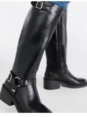 Shoe Dazzle Black Tall Riding Boots with Buckle Detail